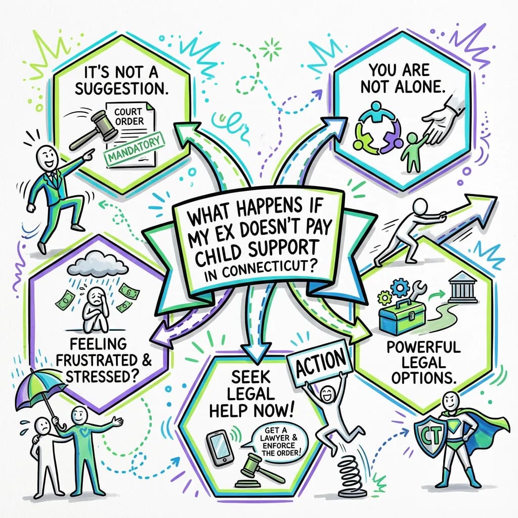 Sketchnote visual guide for What happens if my ex doesn't pay child support in Connecticut?