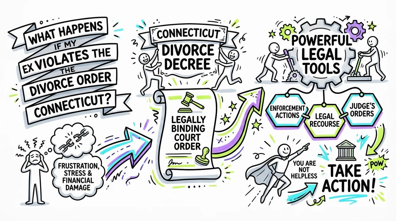 Sketchnote visual guide for What happens if my ex violates the divorce order in Connecticut?