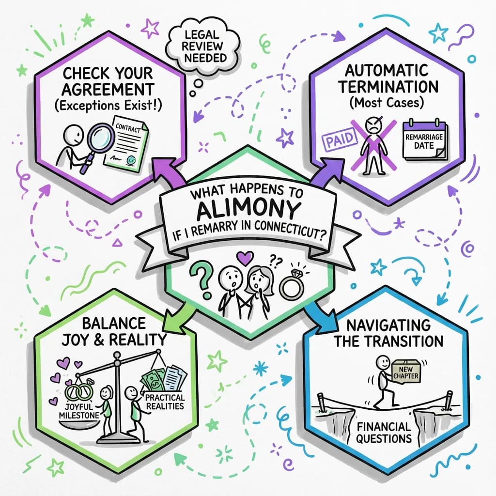 Sketchnote visual guide for What happens to alimony if I remarry in Connecticut?