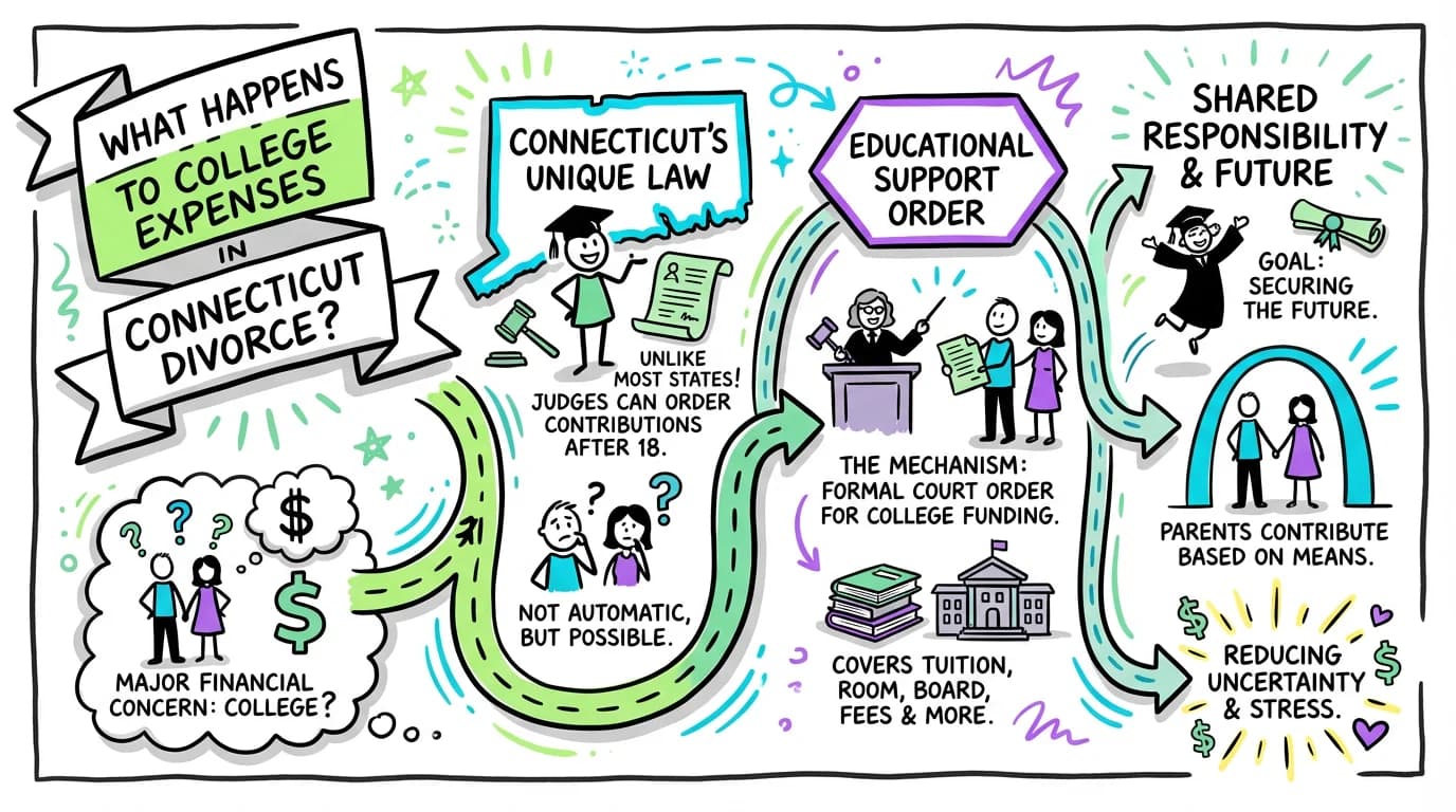 Sketchnote visual guide for What happens to college expenses in Connecticut divorce?