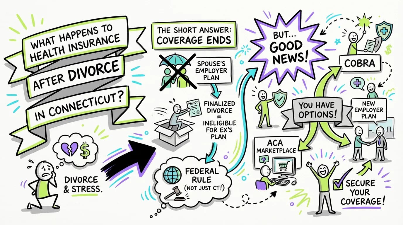Sketchnote visual guide for What happens to health insurance after divorce in Connecticut?