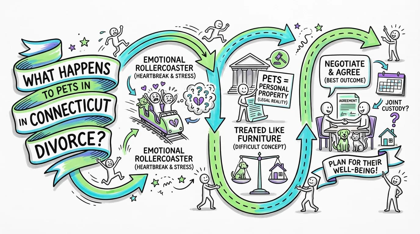 Sketchnote visual guide for What happens to pets in Connecticut divorce?