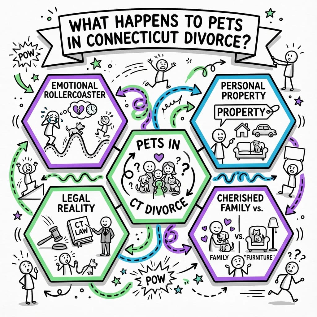 Sketchnote visual guide for What happens to pets in Connecticut divorce?