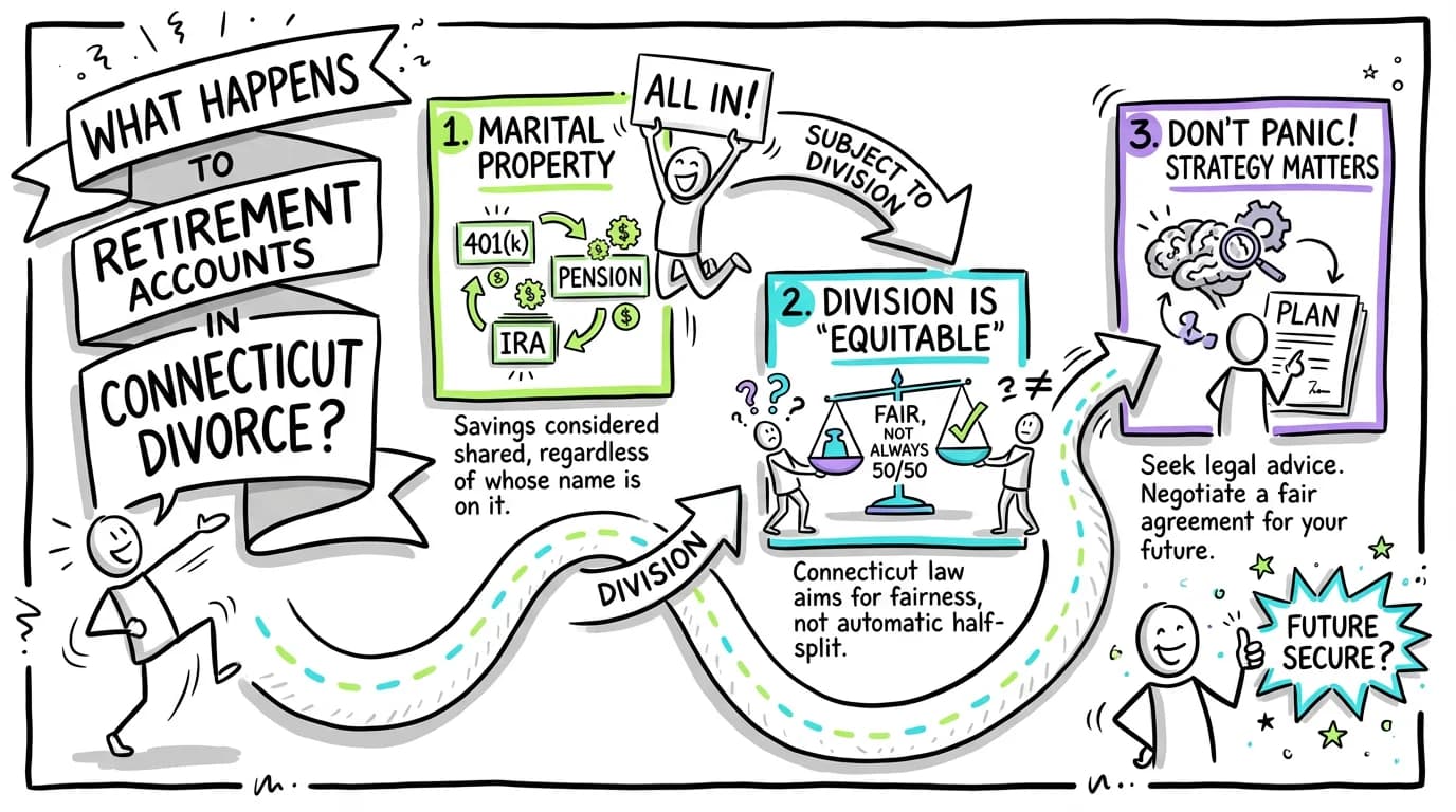 Sketchnote visual guide for What happens to retirement accounts in Connecticut divorce?