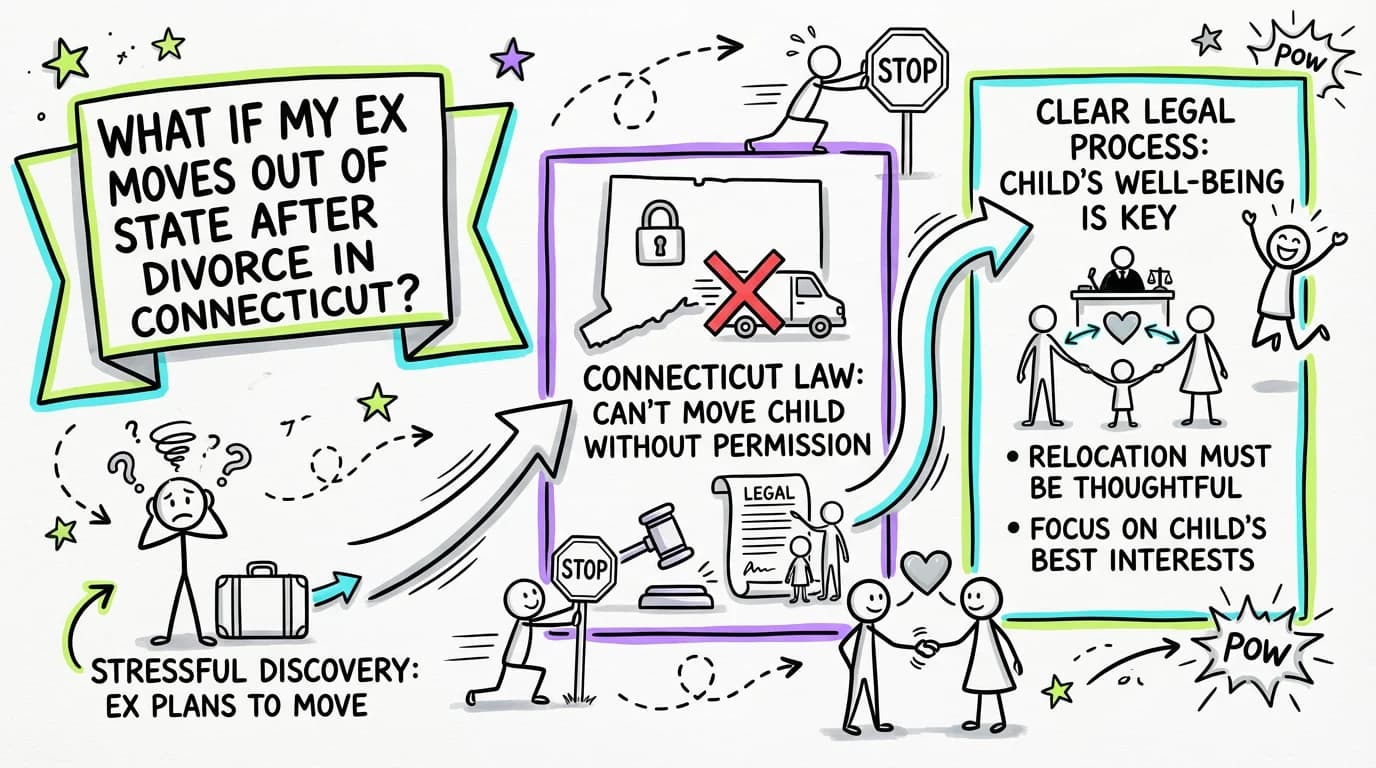 Sketchnote visual guide for What if my ex moves out of state after divorce in Connecticut?
