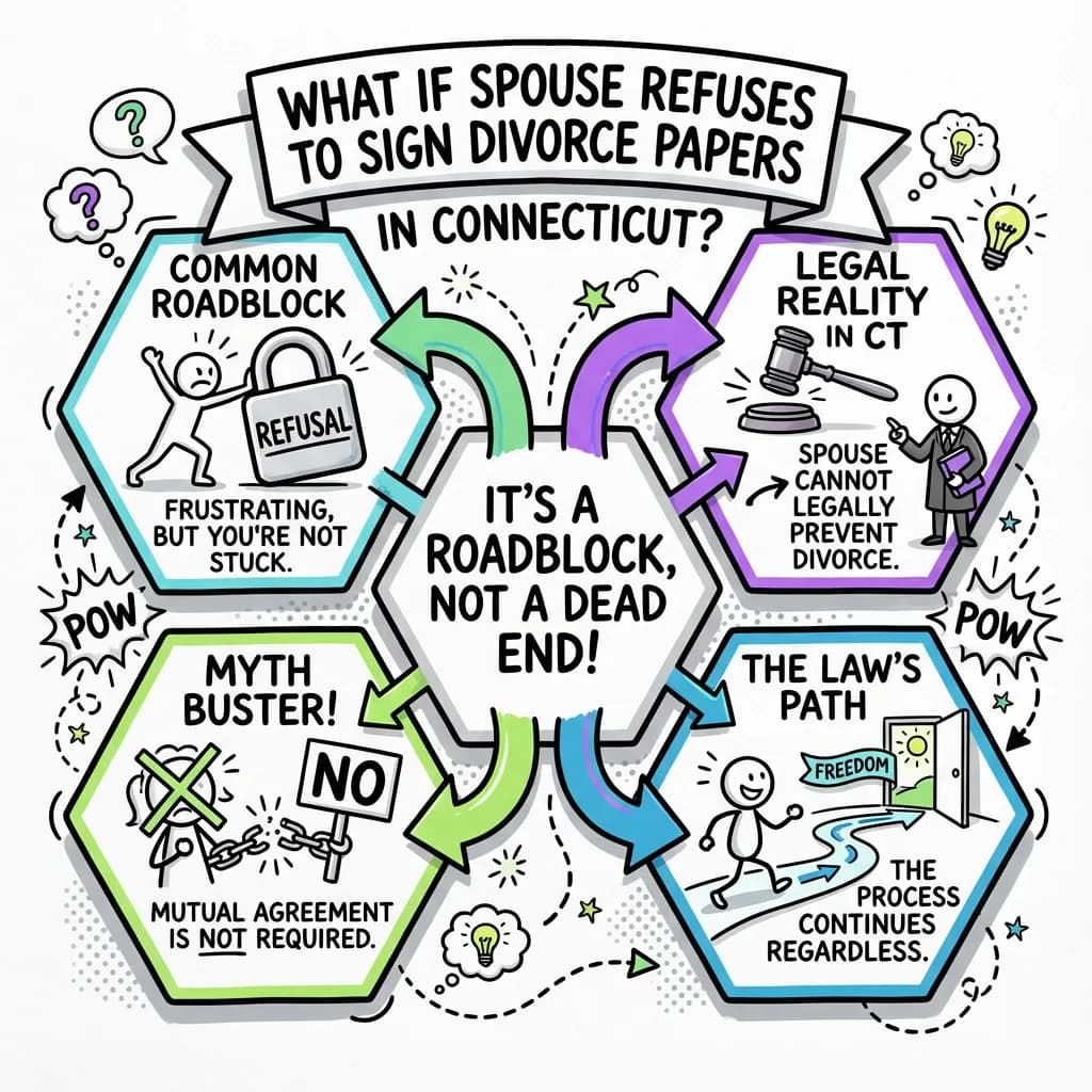 Sketchnote visual guide for What if my spouse refuses to sign divorce papers in Connecticut?