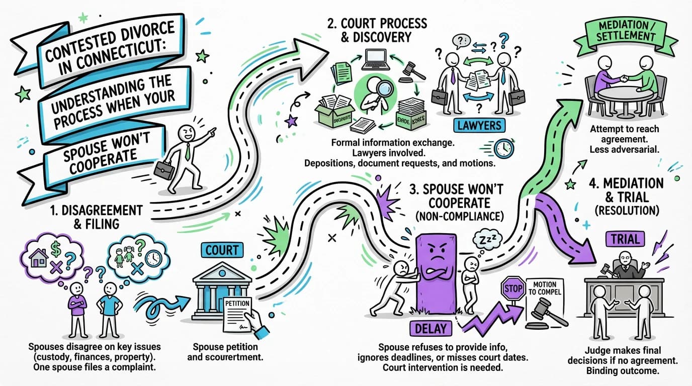 Visual overview showing the key steps and concepts for What Is a Contested Divorce in Connecticut? Understanding the Process When Your Spouse Won't Cooperate in Connecticut