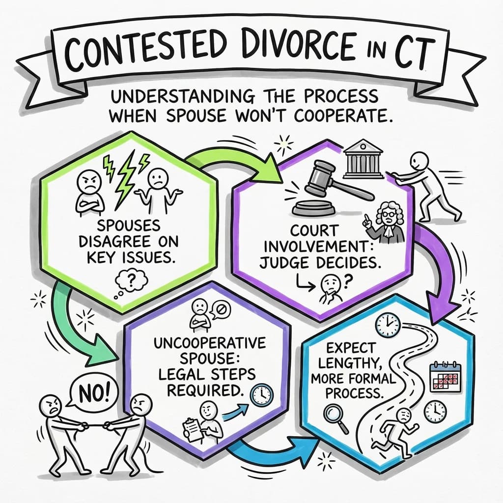 Illustrated guide summarizing the main points about What Is a Contested Divorce in Connecticut? Understanding the Process When Your Spouse Won't Cooperate
