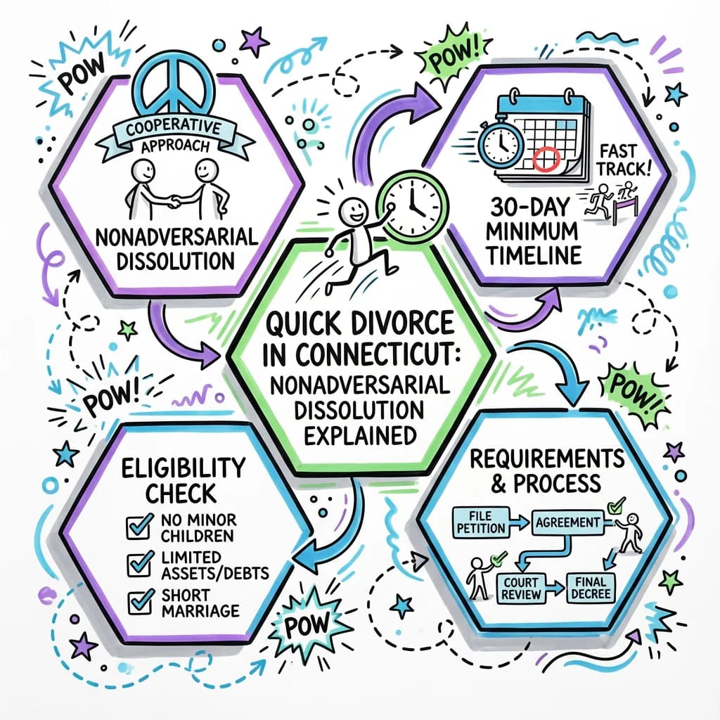 Illustrated guide summarizing the main points about Quick Divorce in Connecticut: Nonadversarial Dissolution Explained