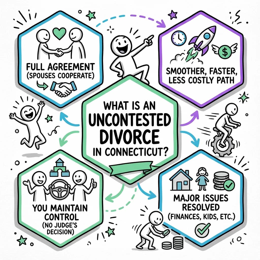 Sketchnote visual guide for What is an uncontested divorce in Connecticut?