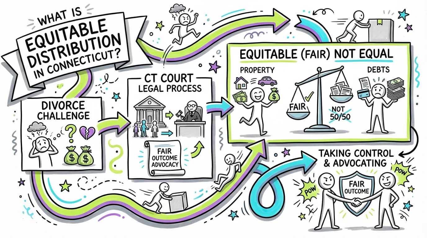 Sketchnote visual guide for What is equitable distribution in Connecticut?