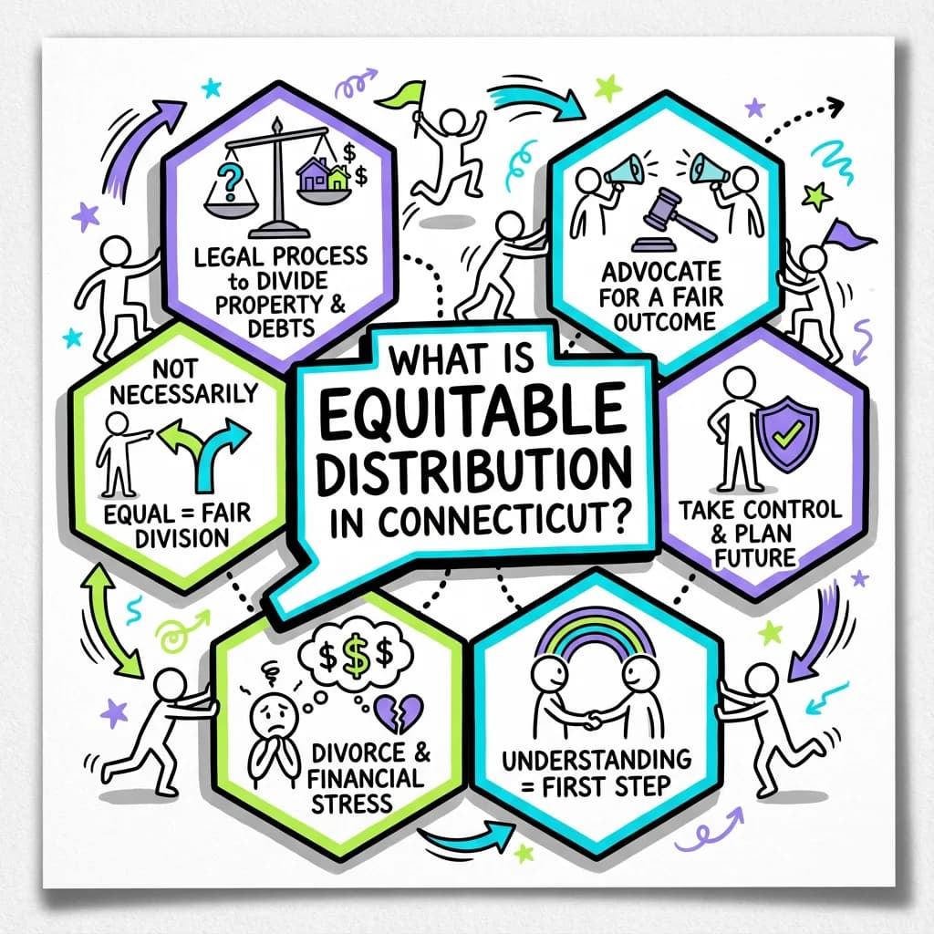 Sketchnote visual guide for What is equitable distribution in Connecticut?