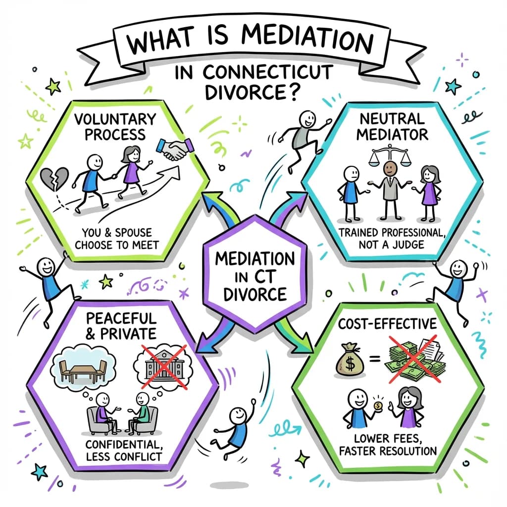 Sketchnote visual guide for What is mediation in Connecticut divorce?
