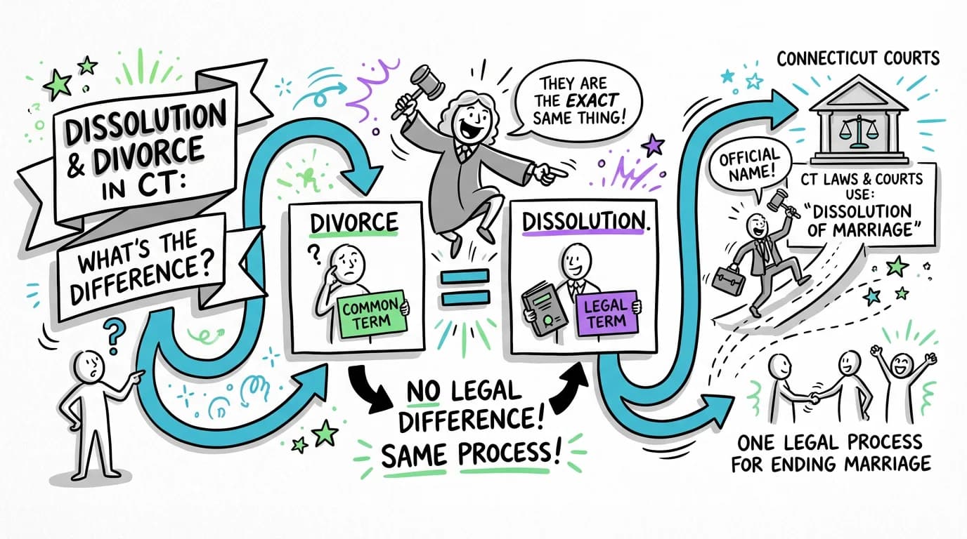 Sketchnote visual guide for What is the difference between dissolution and divorce in Connecticut?