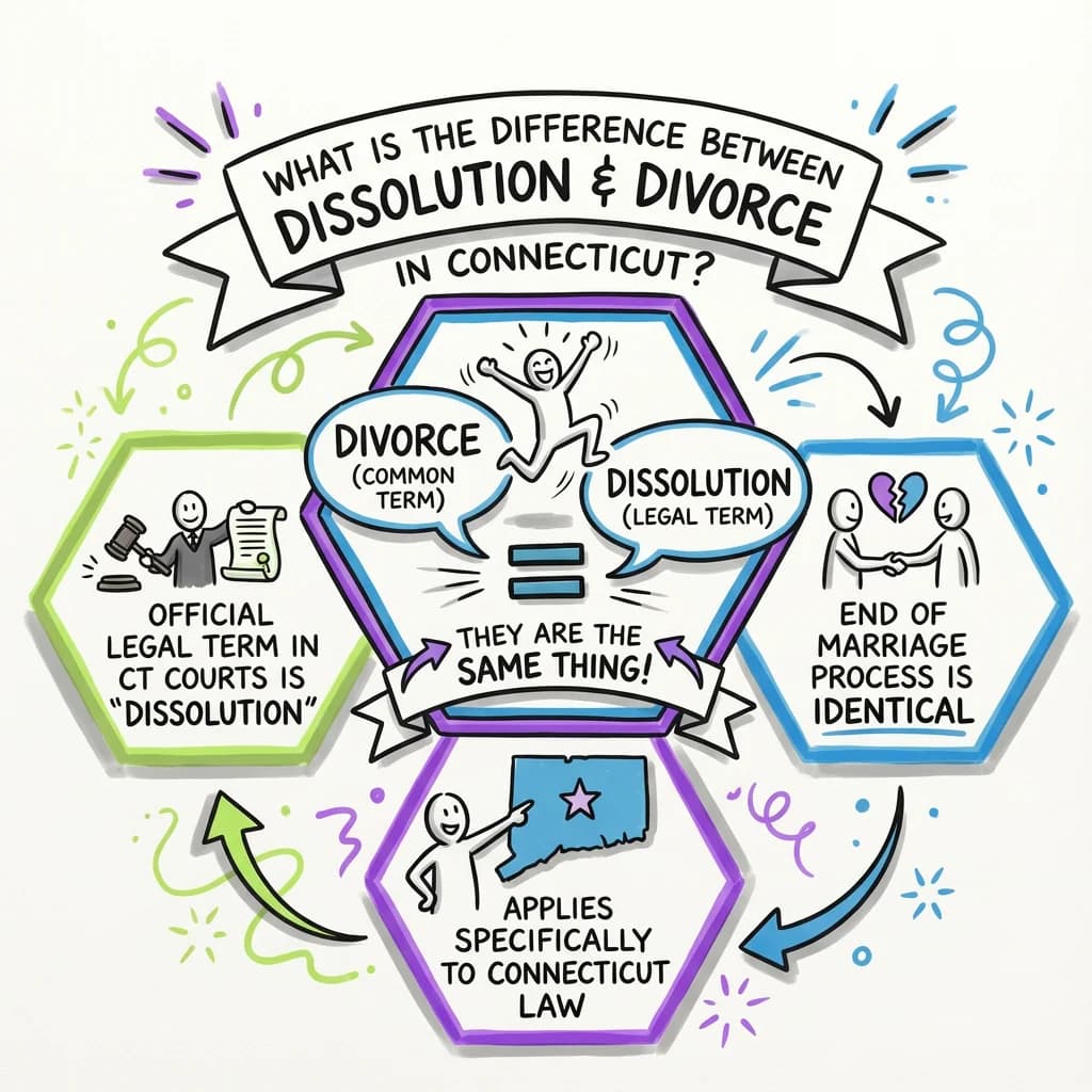 Sketchnote visual guide for What is the difference between dissolution and divorce in Connecticut?