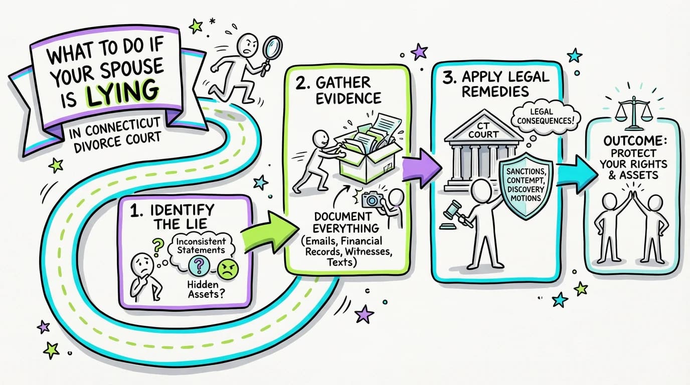 Sketchnote visual guide for What to Do If Your Spouse Is Lying in Connecticut Divorce Court