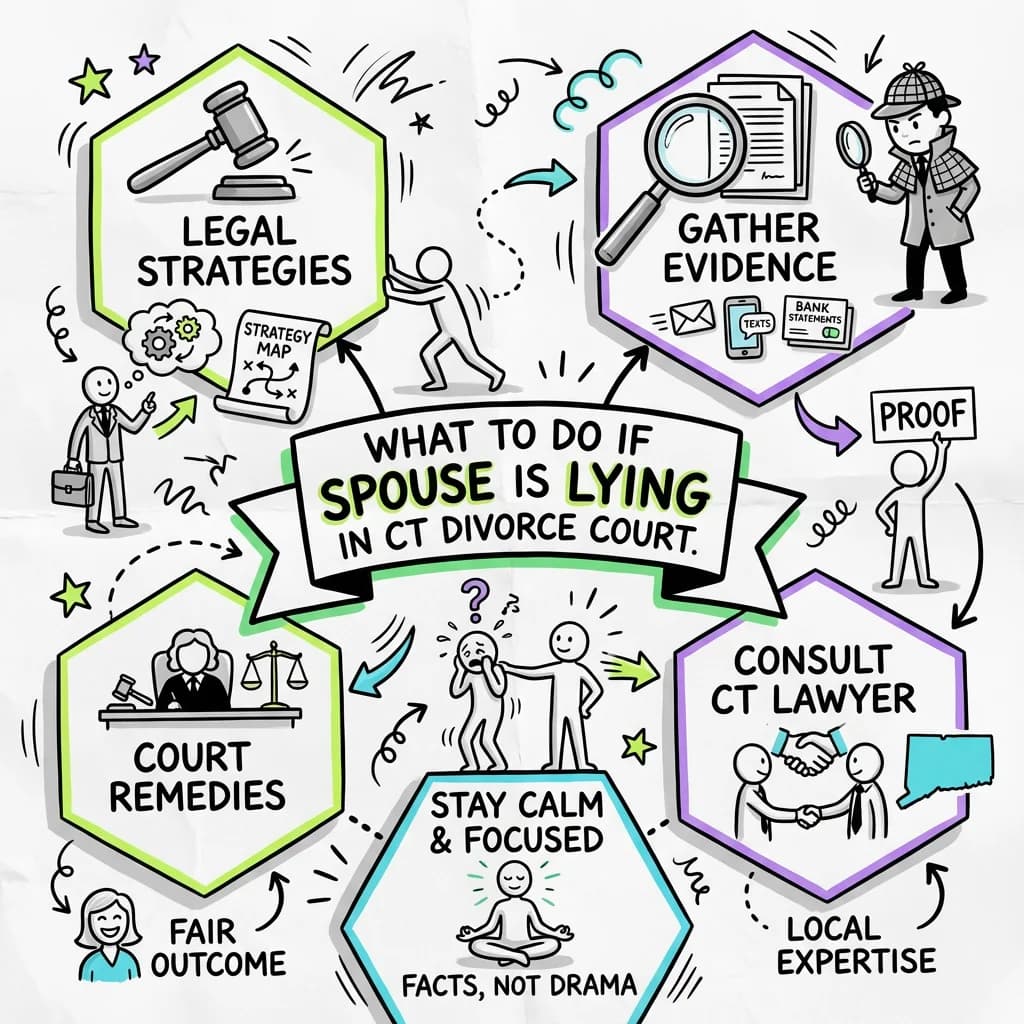 Sketchnote visual guide for What to Do If Your Spouse Is Lying in Connecticut Divorce Court