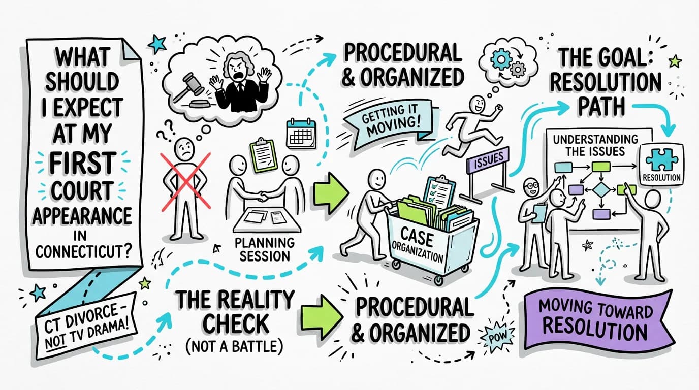 Sketchnote visual guide for What should I expect at my first court appearance in Connecticut?