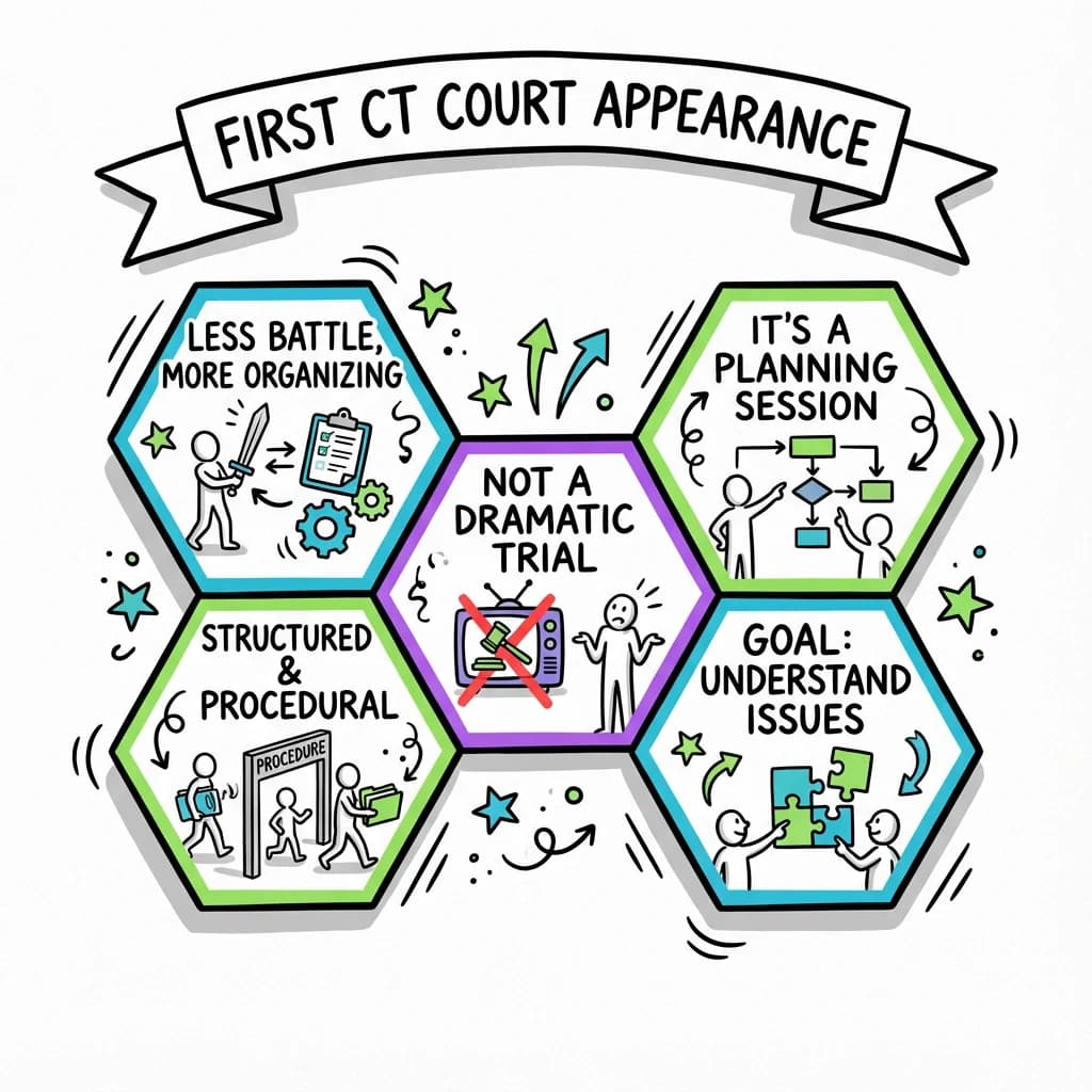 Sketchnote visual guide for What should I expect at my first court appearance in Connecticut?