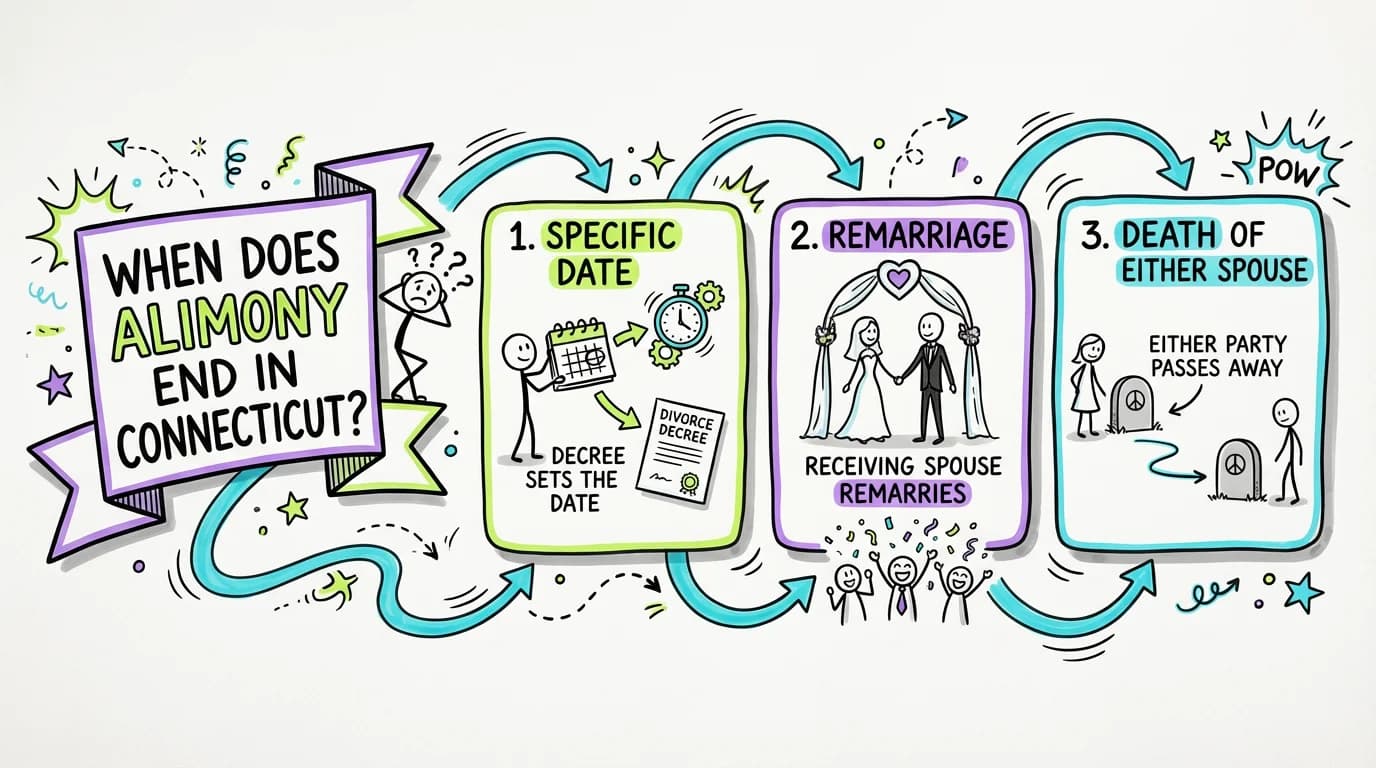 Sketchnote visual guide for When does alimony end in Connecticut?