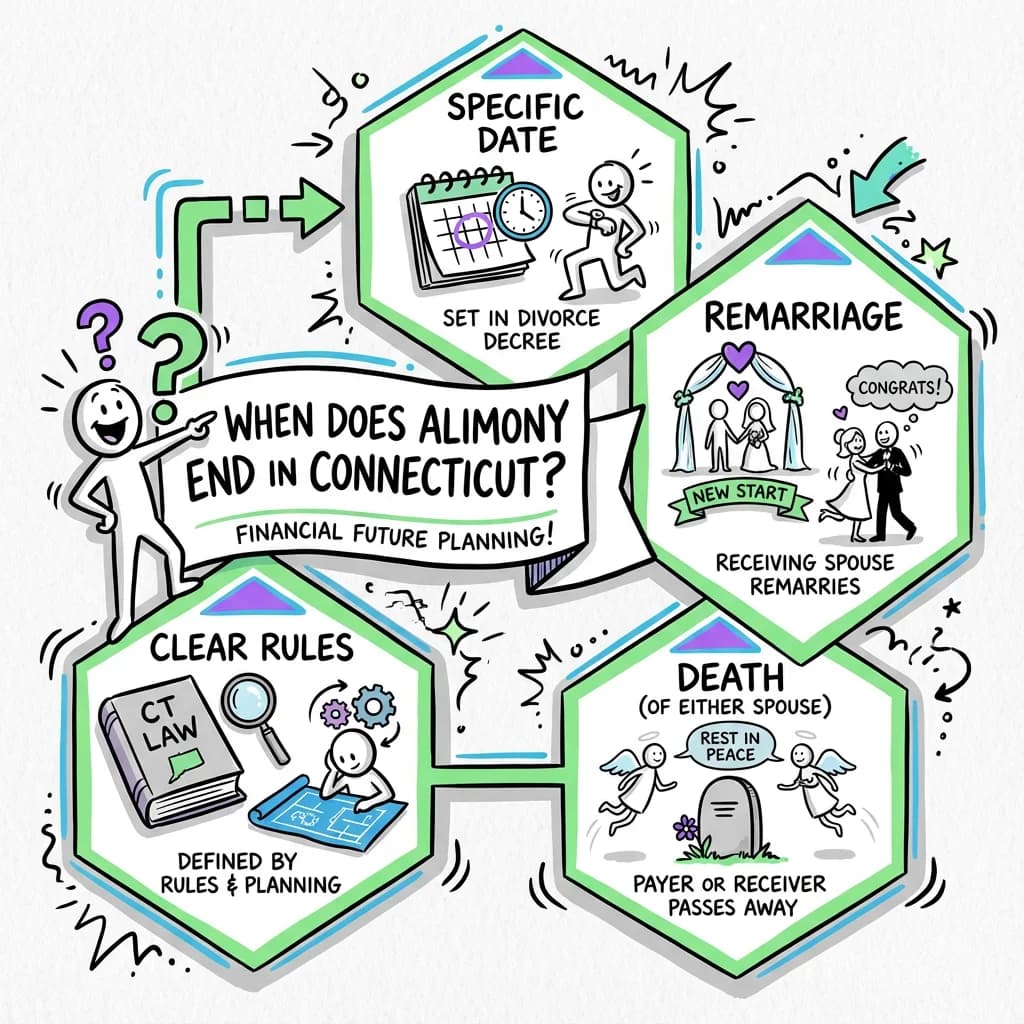 Sketchnote visual guide for When does alimony end in Connecticut?