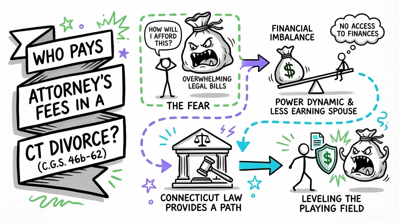 Sketchnote visual guide for Who Pays Attorney's Fees in a Connecticut Divorce? (C.G.S. 46b-62)