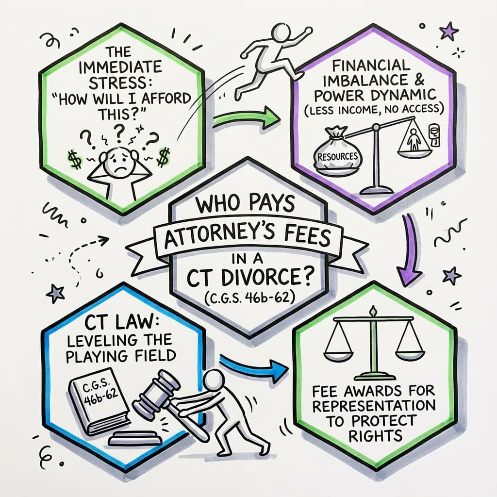 Sketchnote visual guide for Who Pays Attorney's Fees in a Connecticut Divorce? (C.G.S. 46b-62)